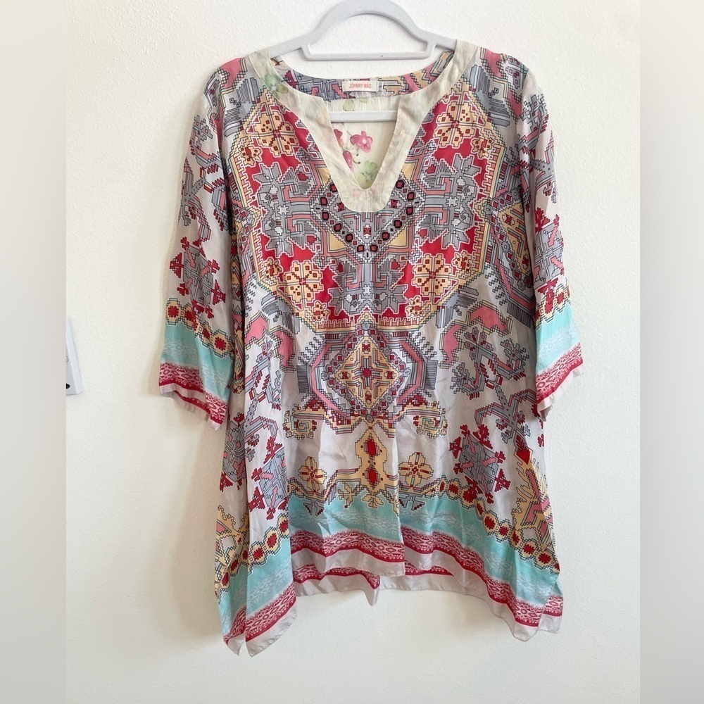 Johnny Was White Red Blue Multicolor Alamo Silk Indian Print Tunic Blouse S